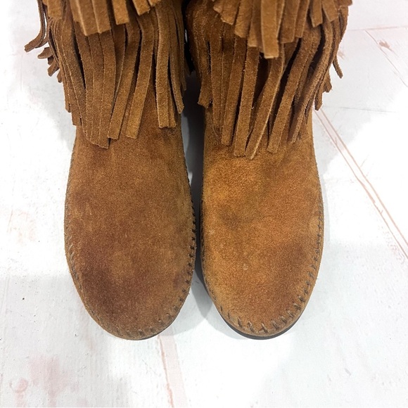 Minnetonka Boho Festival Leather Suede 3 Layer Fringe Moccasin Boots - Picture 6 of 9